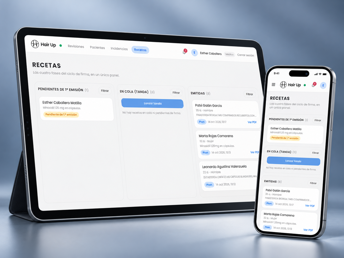 Sección Recetas de PrescripCare en tablet y móvil